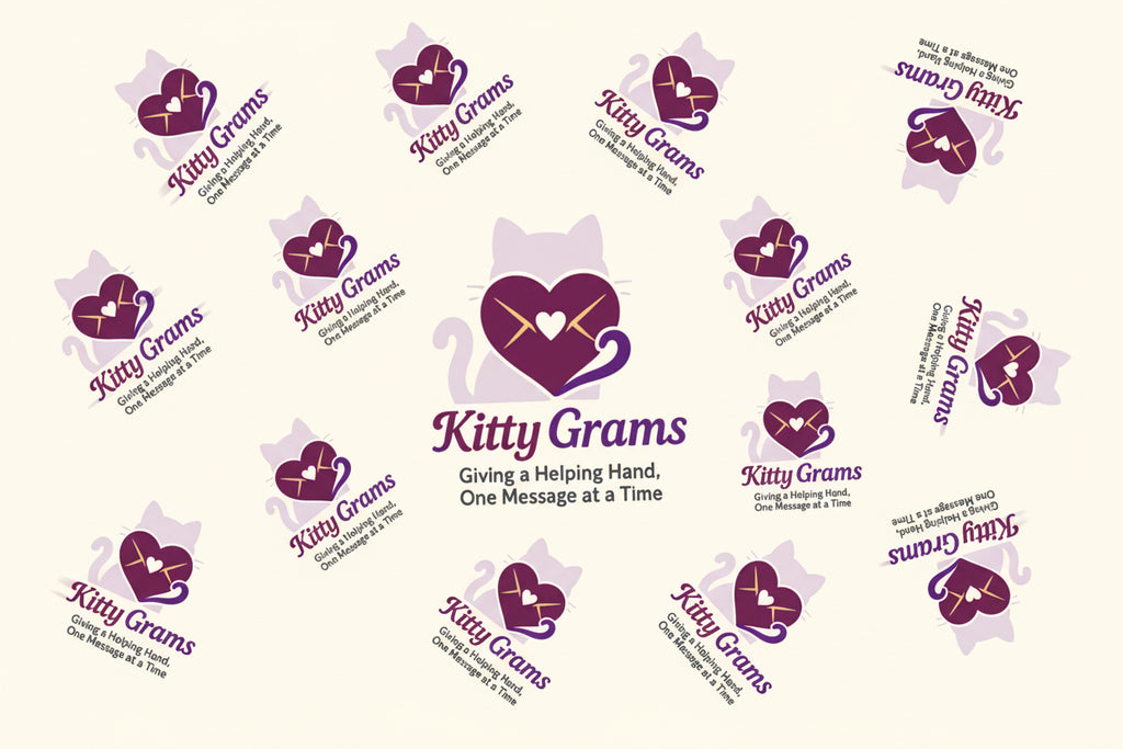 Logo of Kitty Grams with a purple heart and cat tail on a white background